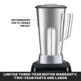 A heavy duty blender with a stainless steel container, handle, and lid sits on a black base. Text reads: Recommended for 75+ drinks per day. A banner below states: Limited three-year motor warranty, two-year parts and labor.