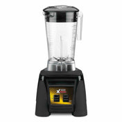 A 3.5 HP Xtreme Series Blender with a clear plastic pitcher, handle, and lid sits on a black base. The base features a yellow "Xtreme" label and two switches labeled “ON/OFF” and “PULSE.” The blender is upright and empty.
