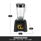 A heavy duty blender with a BPA free container and transparent pitcher sits on a black base featuring two switches with yellow, black, and red labeling. Dimensions: 18" tall, 8.5" wide, and 8.25" deep.