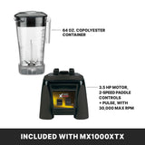 A labeled image shows a BPA free, clear 64 oz. copolyester blender container and a heavy duty blender base with 3.5 HP motor, 2-speed paddle controls plus pulse, and up to 30,000 RPM. Text below reads: INCLUDED WITH MX1000XTX.