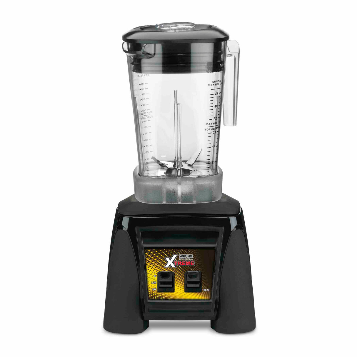 A countertop Xtreme Series Blender with a clear plastic pitcher and handle, black lid, and black base. The base features two switches and a yellow Xtreme label, with measurement markings visible on the pitcher—designed for international use.