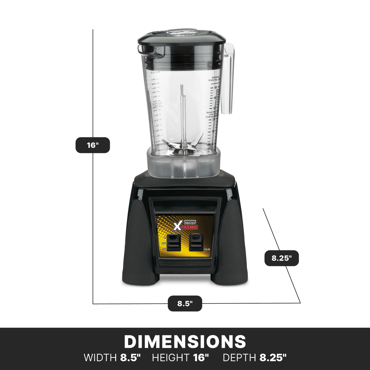 A black and clear high-power blender with measurement markings on the pitcher is shown. Dimensions: height 16 inches, width 8.5 inches, depth 8.25 inches. The BPA free base features two switches and a yellow label.