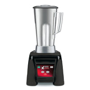 A sleek, modern 64 oz blender with a tall stainless steel pitcher and handle sits on a black base featuring a digital red and black control panel. This high-power blender is photographed against a plain white background.