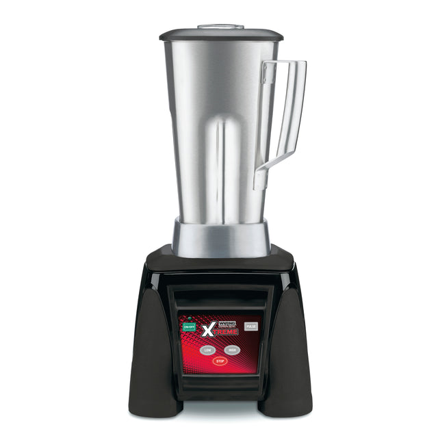A sleek, modern 64 oz blender with a tall stainless steel pitcher and handle sits on a black base featuring a digital red and black control panel. This high-power blender is photographed against a plain white background.