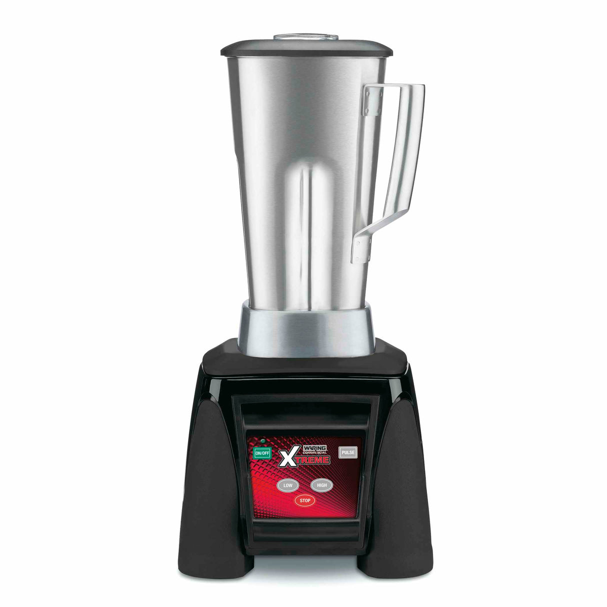 A commercial Xtreme Series Blender features a tall, stainless steel container with a sturdy handle, set on a black base with red and black accents. Its digital control panel displays multiple buttons, a small screen, and boasts powerful 3.5 HP performance.