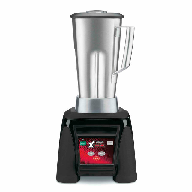 A commercial Xtreme Series Blender features a tall, stainless steel container with a sturdy handle, set on a black base with red and black accents. Its digital control panel displays multiple buttons, a small screen, and boasts powerful 3.5 HP performance.