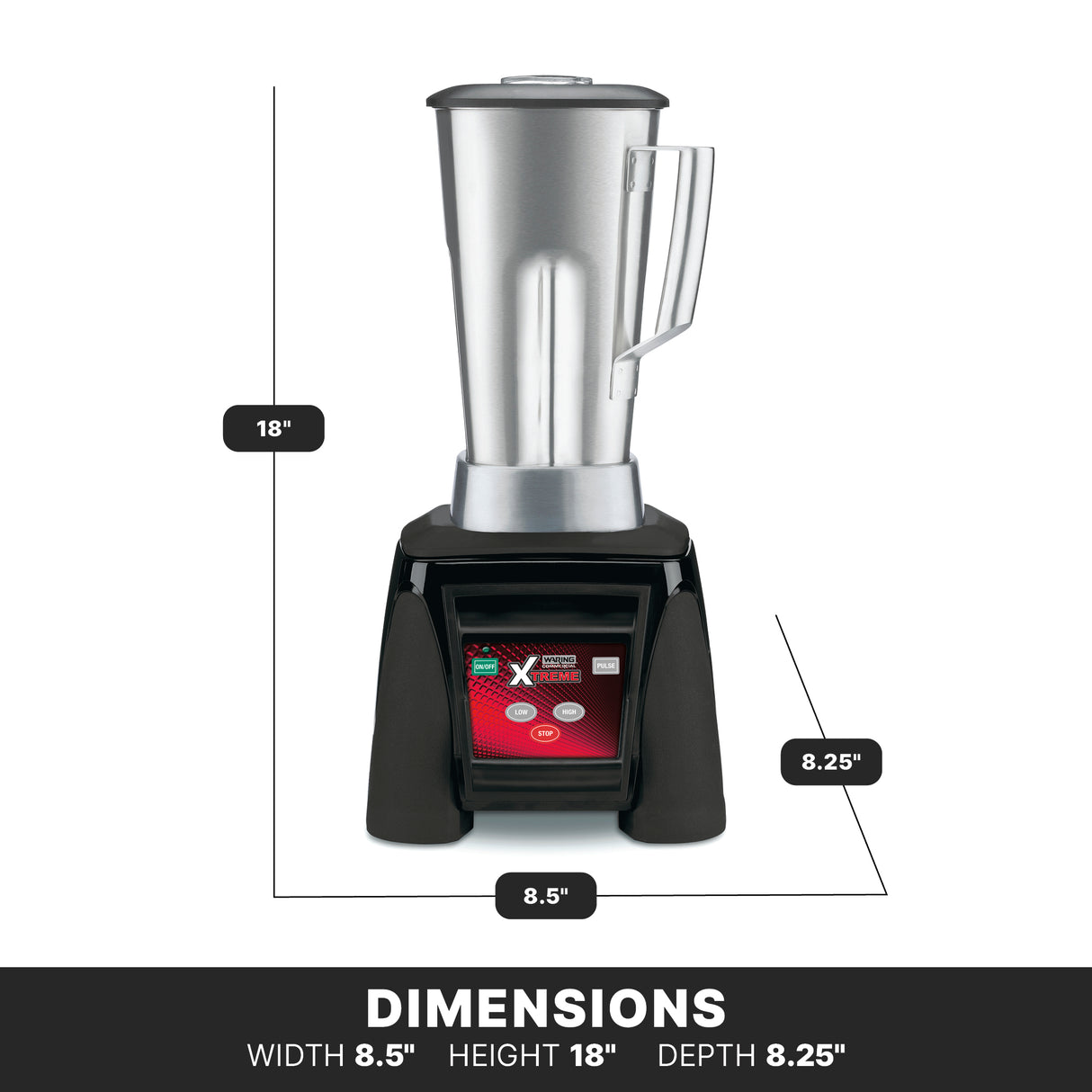 A stainless steel blender with a tall, metallic 64 oz pitcher sits on a black base. Measurement lines show it’s 18 inches tall, 8.5 inches wide, and 8.25 inches deep. The base has a red control panel with buttons and display. DIMENSIONS is written below.