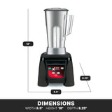 A stainless steel blender with a tall, metallic 64 oz pitcher sits on a black base. Measurement lines show it’s 18 inches tall, 8.5 inches wide, and 8.25 inches deep. The base has a red control panel with buttons and display. DIMENSIONS is written below.
