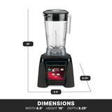 A black and clear high-power blender is shown with labeled dimensions: 18 inches tall, 8.5 inches wide, and 8.25 inches deep. The base features buttons and a display. Below, a bold label reads “DIMENSIONS: WIDTH 8.5”, HEIGHT 18”, DEPTH 8.25”.