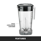 A clear, 64 oz. BPA free copolyester blender container with measurement markings, handle, black lid, and metal blade inside. The text points to the container and reads 64 oz. BPA free container. The word FEATURES appears below.