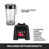 Image shows a clear 64 oz. BPA free container with measurement markings on the left, and a black heavy duty blender base with a red digital display and touchpad controls on the right. Text details features; both are included with the MX1050XTX.