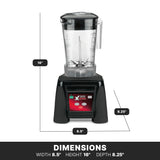 A black and silver high-power blender with a clear BPA free pitcher sits on a counter. Labeled dimensions: height 16 inches, width 8.5 inches, depth 8.25 inches. Background is white; bottom text reads “DIMENSIONS” with size details below.