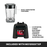 A clear 48 oz. BPA free blender container is shown on the left. On the right is a black commercial blender base with a 3.5 HP motor, 2-speed electronic touchpad controls, and pulse, reaching up to 30,000 RPM. Text: “Included with MX1050XTXP.”.