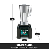 A silver high-power blender with a 64 oz. capacity and tall stainless steel container sits on a black base. Measurements label its 18-inch height, 8.5-inch width, and 8.25-inch depth, with bold text at the bottom restating the dimensions.