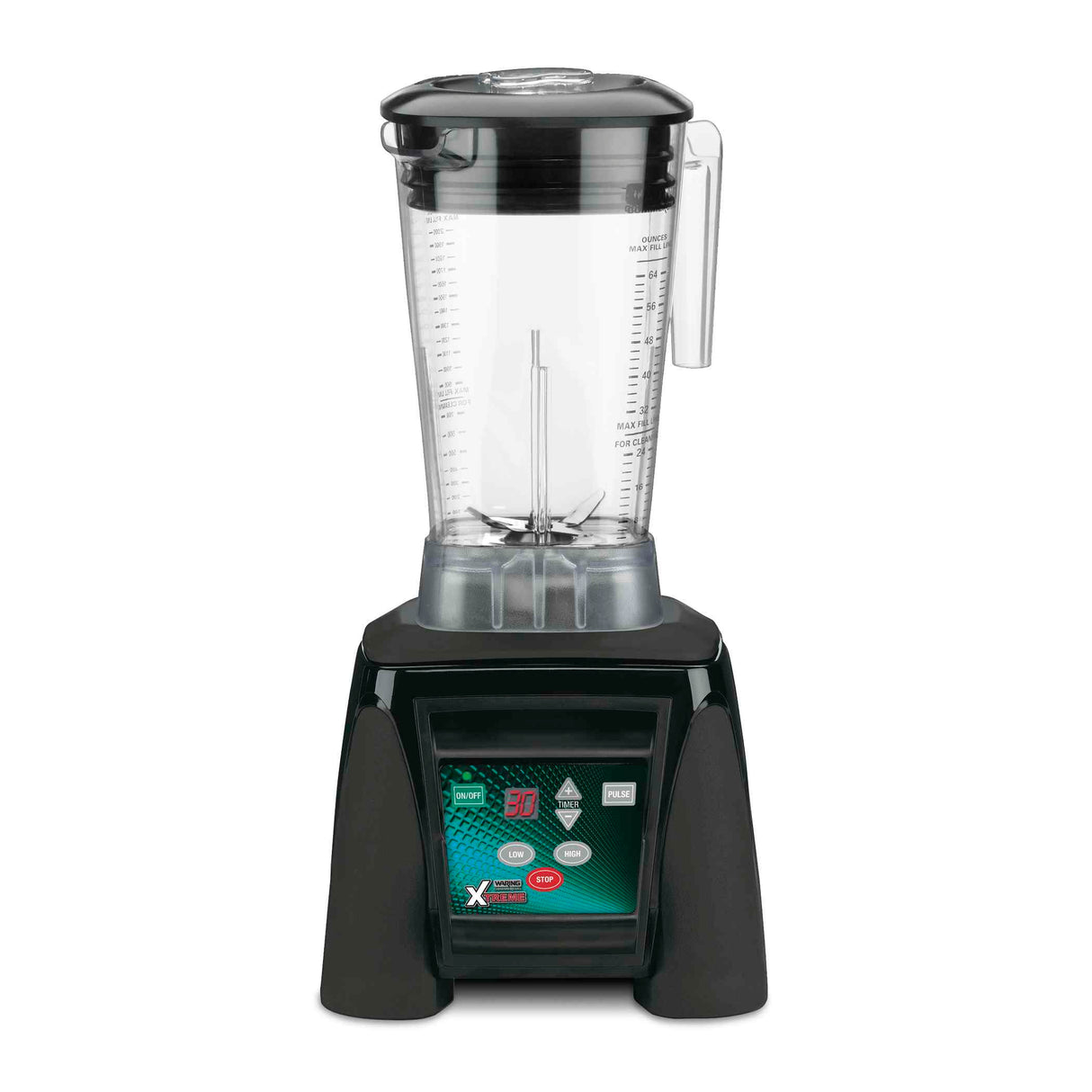 An Xtreme Series Blender, featuring a 3.5 HP black base with digital display, labeled buttons, and power switch. The transparent pitcher has measurement markings and a closed lid with the handle on the right, set against a plain white background.