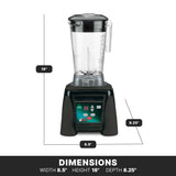 A black and clear high-power blender with labeled dimensions: height 18 inches, width 8.5 inches, and depth 8.25 inches. The front panel has buttons and a digital display. Text at the bottom reads DIMENSIONS with measurements below.