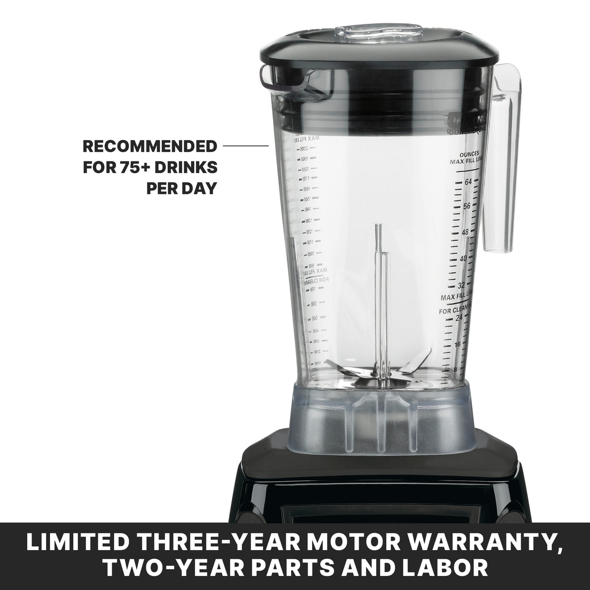 A high-power commercial blender with a clear, marked pitcher and black lid is shown. Text reads Recommended for 75+ drinks per day. A banner below states, Limited three-year motor warranty, two-year parts and labor.