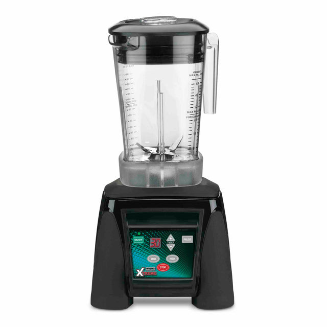 A black Xtreme Series Blender with a 3.5 HP motor features a transparent pitcher with measurement markings, a clear lid, and a digital display on the black base with colorful control buttons. The blender stands upright against a white background.