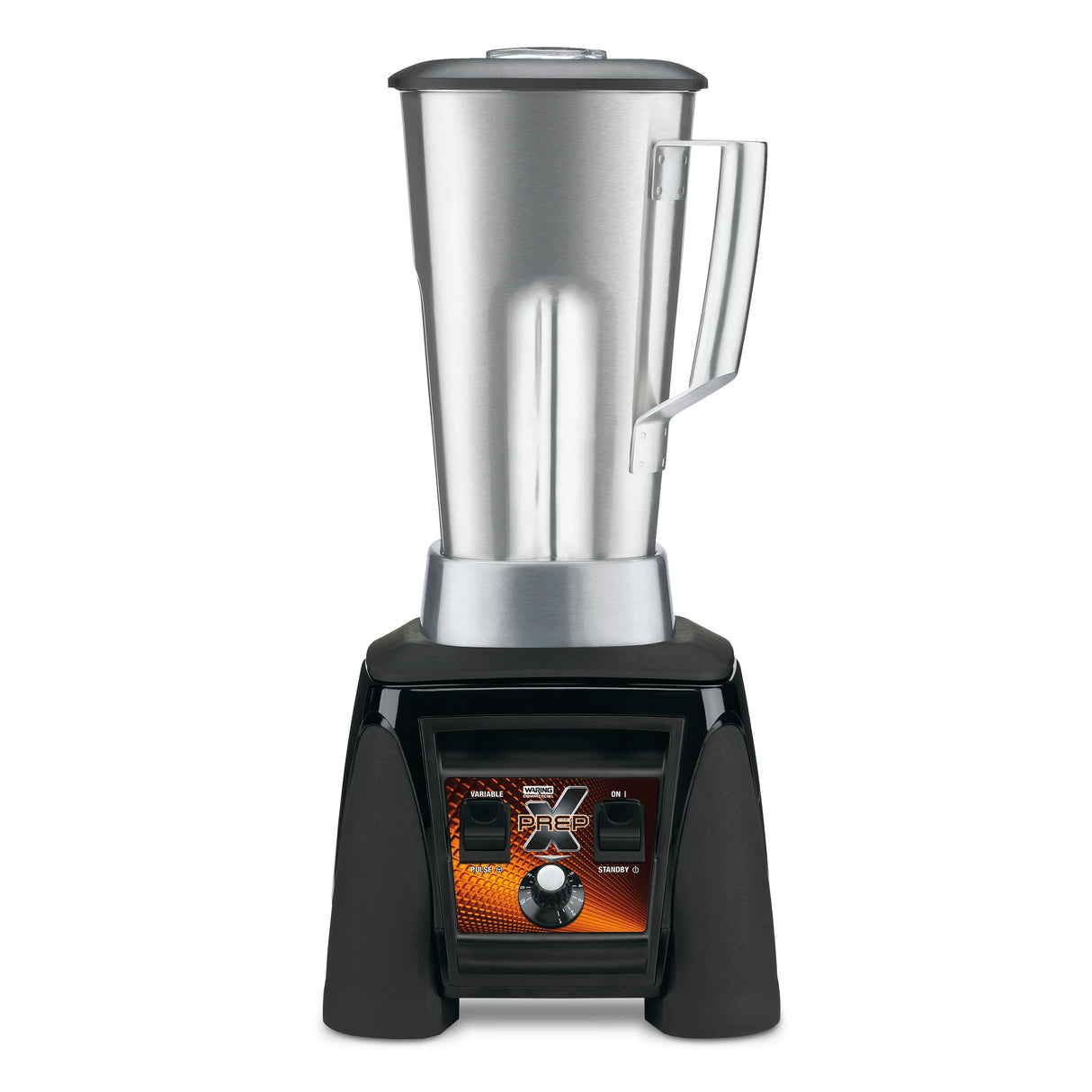 A Heavy Duty Blender with a tall stainless steel jar and sturdy handle sits on a black base. The base features a textured orange and black panel, two control switches, and the label Vita-Mix Drink Machine on the front.