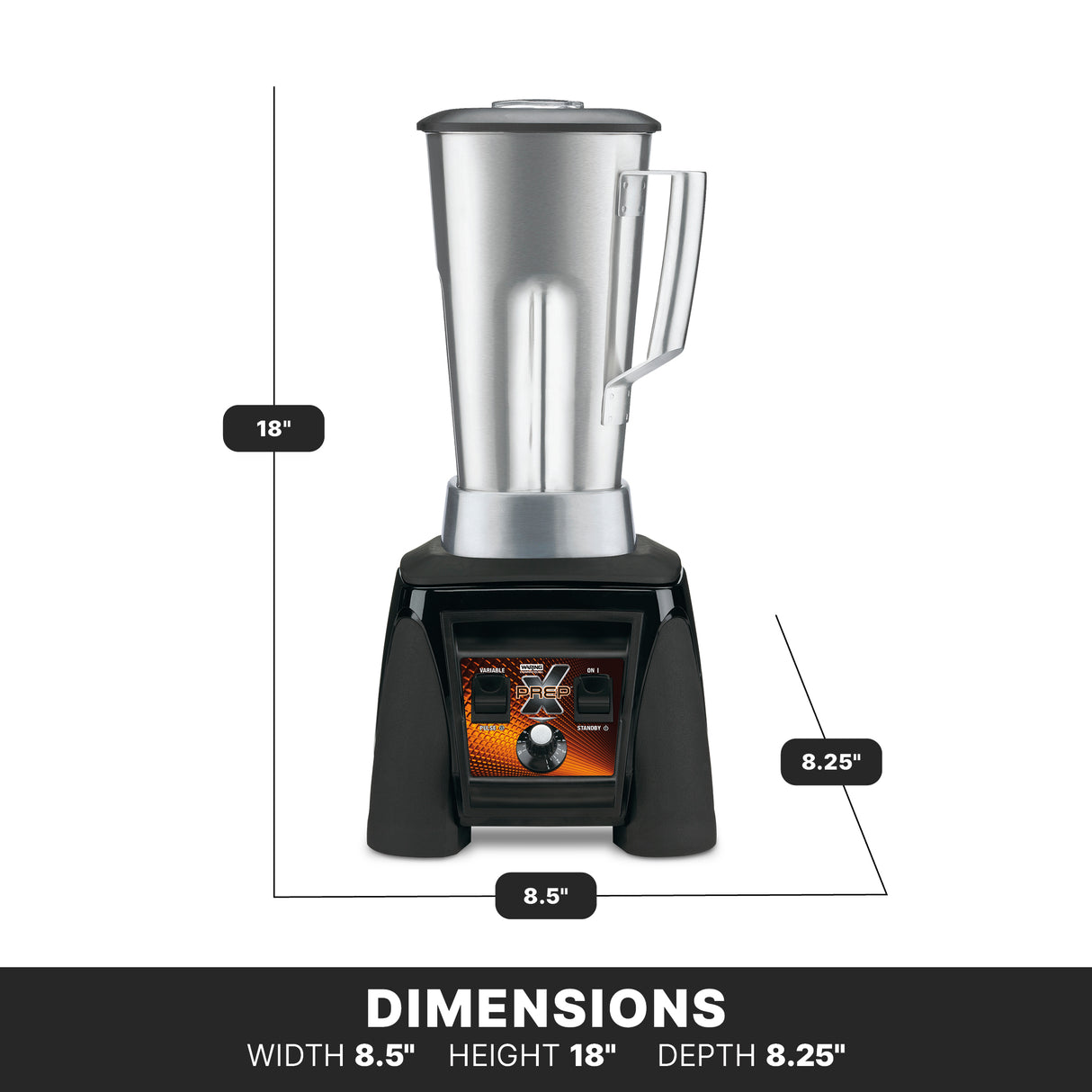 A stainless steel blender with a transparent handle sits on a black base. This heavy duty blender stands 18 inches tall, 8.5 inches wide, and 8.25 inches deep. The white background features large dimension text at the bottom.