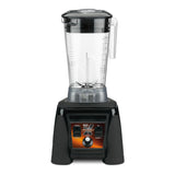 A black 64 oz blender with a clear plastic pitcher, handle, and lid. The heavy duty base features an orange and black control panel with a speed dial and switches. The high-power blender is empty and set against a plain white background.