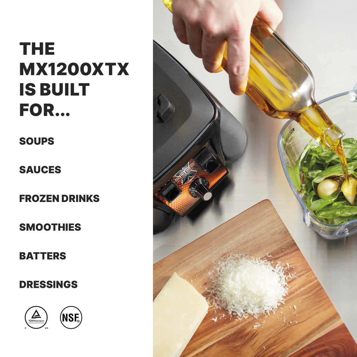 A hand pours olive oil into a blender container filled with spinach and vegetables. Next to it, shredded cheese and a wedge of cheese sit on a counter. Text on the left reads, “The 64 oz High-Power Blender MX1200XTX is built for soups, sauces, smoothies, and more.”.