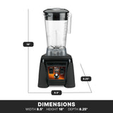 A high-power blender with a transparent 64 oz pitcher and black base is shown. Labeled dimensions: height 18 inches, width 8.5 inches, and depth 8.25 inches. The heavy duty blender sits against a white background with measurement lines.
