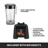 A 64 oz Blender container and a blender base with variable speed controls, pulse, and a 3.5 HP motor (30,000 max RPM) are shown. Text at the bottom reads: “Included with MX1200XTX High-Power Blender.”.