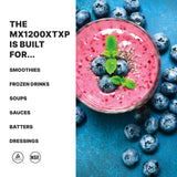 A bowl of vibrant pink smoothie topped with blueberries, mint, and seeds sits on a blue surface. On the left, bold text highlights that the BPA Free MX1200XTXP Commercial Blender is built for smoothies, frozen drinks, soups, sauces, batters, and dressings.