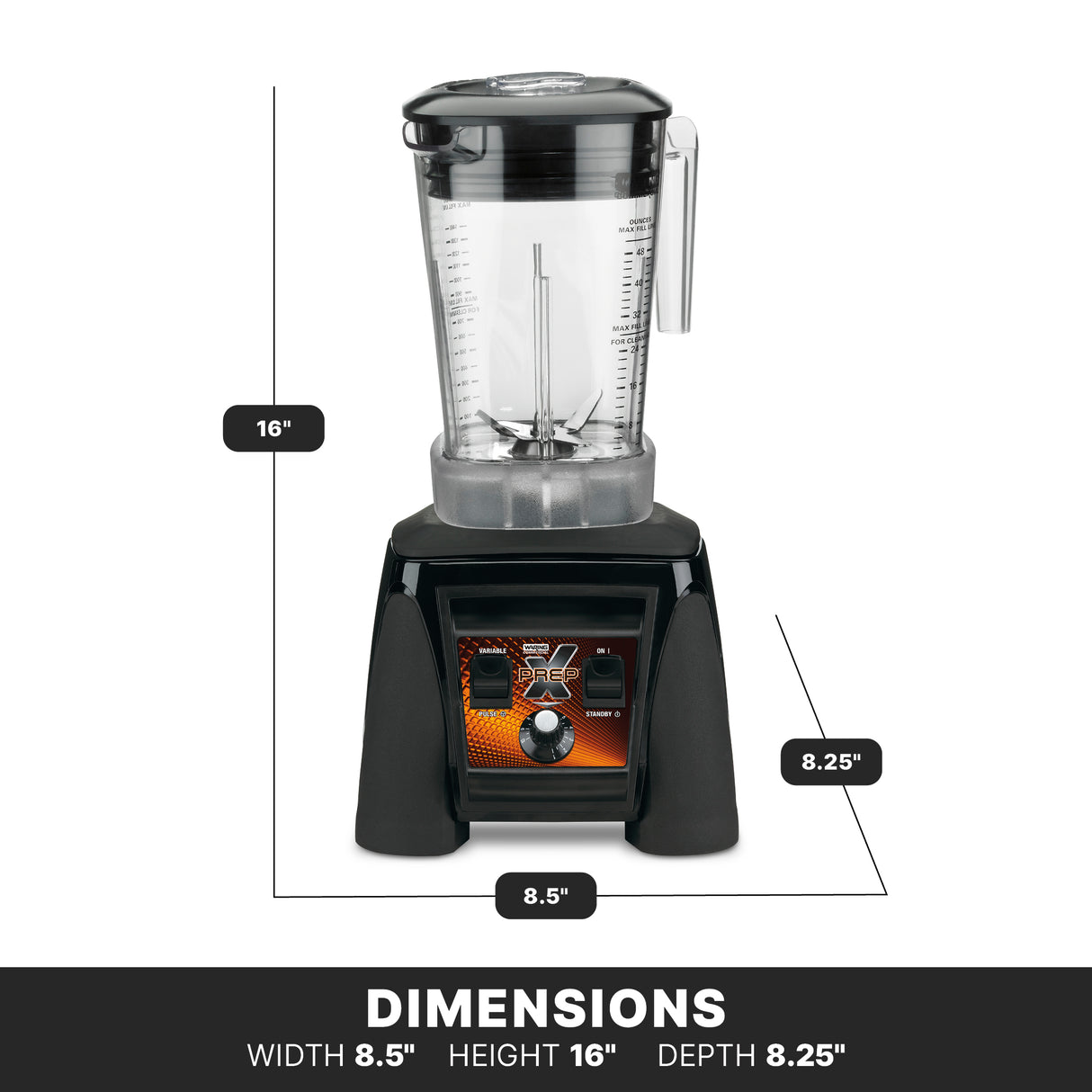 A black and silver High-Power Blender with a clear pitcher is shown with measurements. The BPA Free Blender is 16 inches tall, 8.5 inches wide, and 8.25 inches deep, featuring a labeled dimension diagram and a text box with measurements.