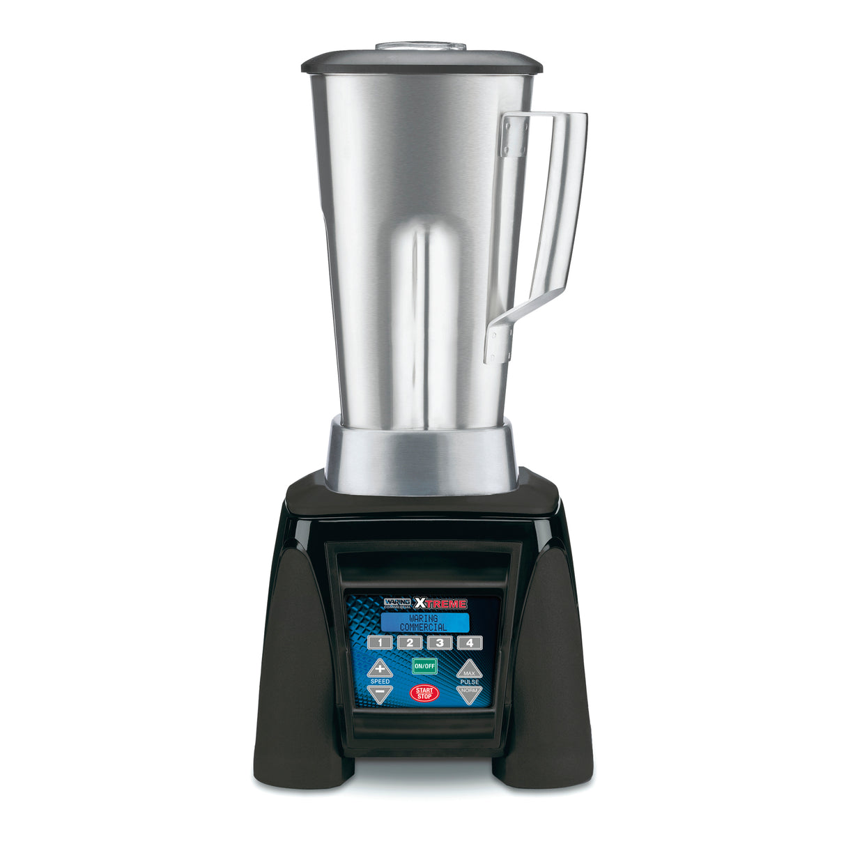 A heavy duty commercial blender with a tall stainless steel container, clear lid, and side handle sits on a black base. The digital control panel is labeled "Xtreme" and "Waring Commercial." The background is plain white.