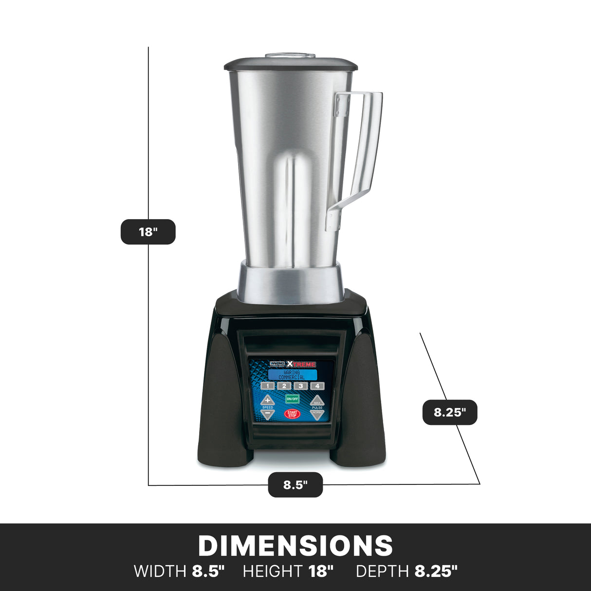 A silver high-power blender with a black base is shown front-facing. The base has a digital control panel with blue and red buttons. Dimensions are labeled: height 18, width 8.5, depth 8.25. A black bar at the bottom repeats these measurements.