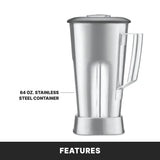 A large, silver stainless steel blender container with a handle and lid is shown upright. Text points to it, reading 64 oz. heavy duty stainless steel container. The background is white, with a black bar at the bottom displaying the word FEATURES.