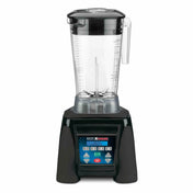 A black Xtreme Series Blender with a large clear pitcher, black lid, and measurement markings. The base features a programmable digital control panel with speeds, timers, and presets for international use, plus blue, green, and red indicator lights.