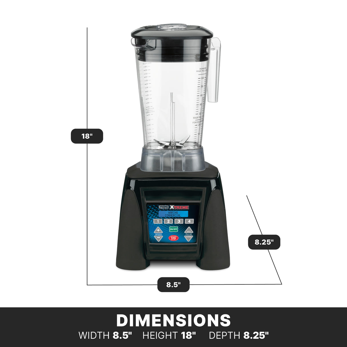 A high-power blender with a clear 64 oz pitcher and black base is shown. Dimensions are marked: height 18, width 8.5, depth 8.25. The digital control panel features buttons and a display; text below lists the same dimensions.