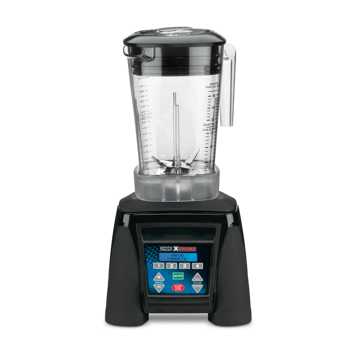 A commercial Xtreme High-Power Blender with a BPA Free Copolyester container features a transparent pitcher, measurement markings, and sharp blades. Its black base has a digital control panel with multi-speed functions, labeled in blue, white, and red.