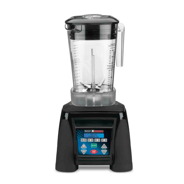 A black and silver Xtreme Series Blender with a transparent pitcher, handle, and measurement markings. The base features a digital control panel with blue, green, and red buttons for speed options on this programmable 3.5 HP blender.