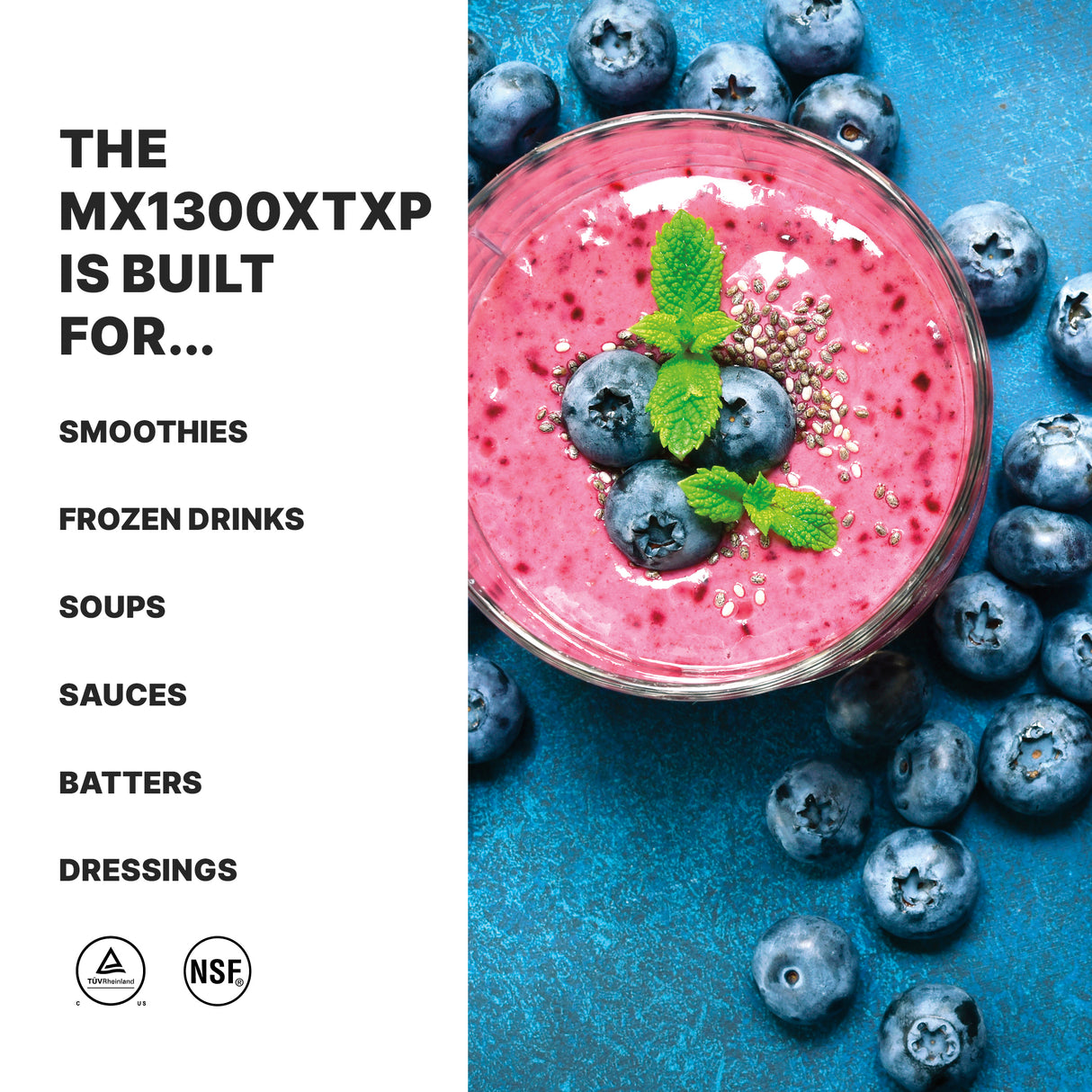 A vibrant blueberry smoothie bowl topped with fresh blueberries, mint leaves, and chia seeds sits on a blue surface. To the left, text reads: “The 3.5 HP Blender’s BPA Free Copolyester container is built for smoothies, soups, sauces, and more.”.