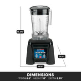 A black Xtreme High-Power Blender with a clear, BPA Free Copolyester container sits on a white background. Black lines show its dimensions: width 8.5 inches, height 16 inches, depth 8.25 inches. The base features control buttons and a display.