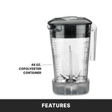 A clear 48-ounce BPA Free Copolyester container with measurement markings, a black lid, and handle sits upright on a gray base. Text points to the container and reads “48 oz. BPA Free Copolyester container.” The bottom banner says, “FEATURES.”.