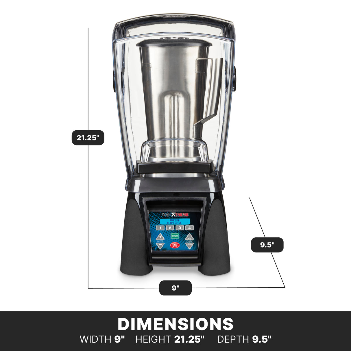 A high-power blender with a 64 oz. stainless steel container sits in a clear sound enclosure. Measurements are height 21.25", depth 9.5", width 9". A touchscreen control panel is on the front, and a black bar below displays the dimensions again.