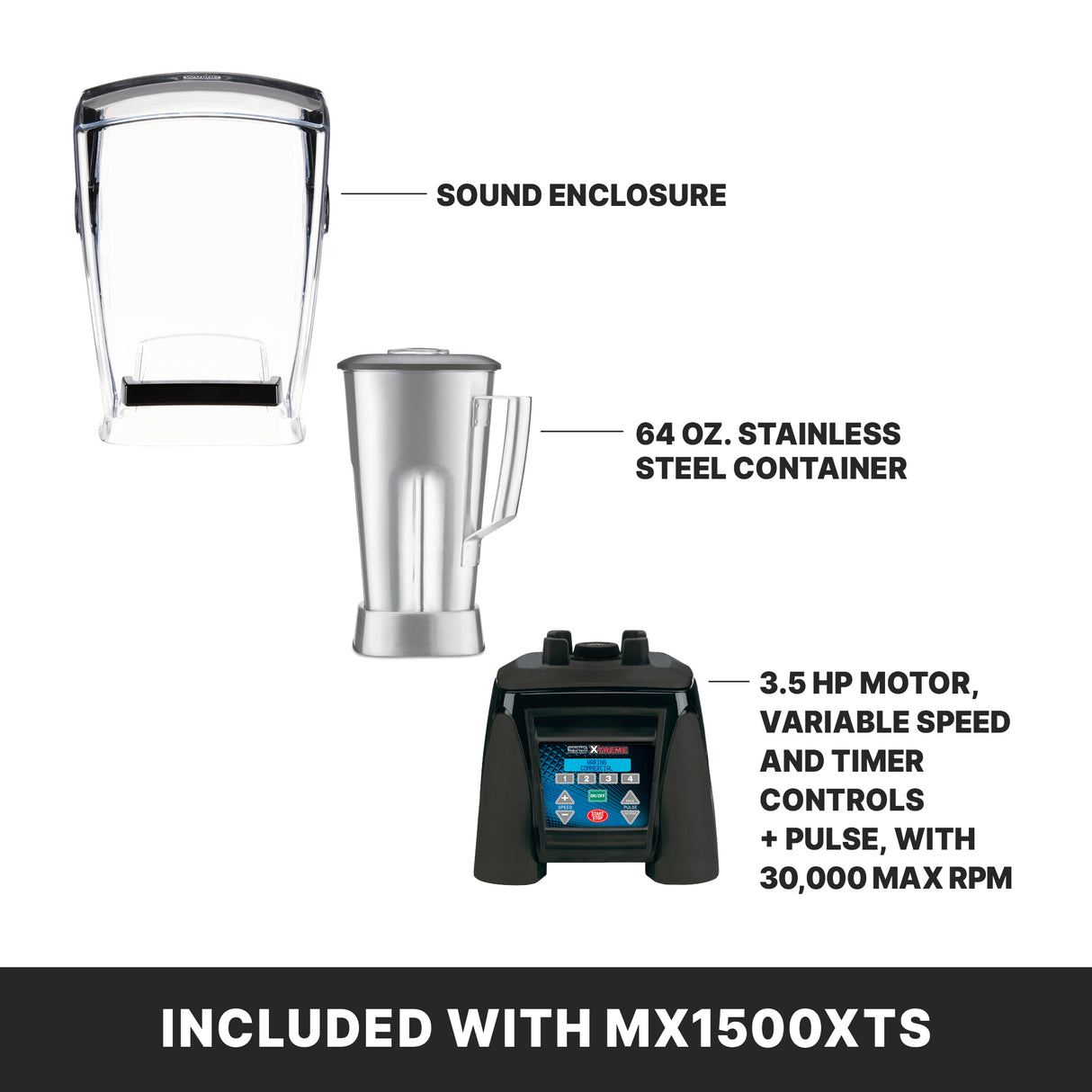 A High-Power Blender set includes a clear sound enclosure, 64 oz. stainless steel container, and base with 3.5 HP motor, variable speed/timer controls, pulse, and 30,000 max RPM. Caption reads: INCLUDED WITH MX1500XTS.