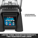 Close-up of a high-power commercial blender’s control panel with buttons labeled “1 SPEED,” “2 SPEED,” “START/STOP,” and “PULSE.” Text reads, “4 Programmable Beverage Stations.” Bottom notes a limited three-year motor warranty, two-year parts and labor.