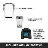 Image shows three components of the MX1500XTXP heavy duty blender: a transparent sound enclosure, a 48 oz. copolyester container with handle and lid, and a black blender base with controls. Text highlights included items and powerful features.