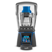 The Xtreme Ellipse Blender is a programmable blender with a clear sound enclosure, digital control panel, and blue accents. The pitcher sits inside the enclosure, helping reduce noise while you choose from various settings on the display.