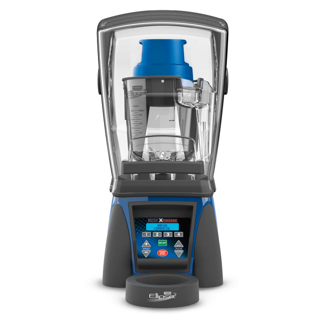 The Xtreme Ellipse Blender is a programmable blender with a clear sound enclosure, digital control panel, and blue accents. The pitcher sits inside the enclosure, helping reduce noise while you choose from various settings on the display.