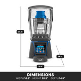 A front-facing Xtreme Ellipse Blender with a clear sound enclosure, black and blue base, and digital control panel is shown. Lines and labels indicate its dimensions: 10.5" wide, 20.5" high, 14.5" deep. “DIMENSIONS” appears below.
