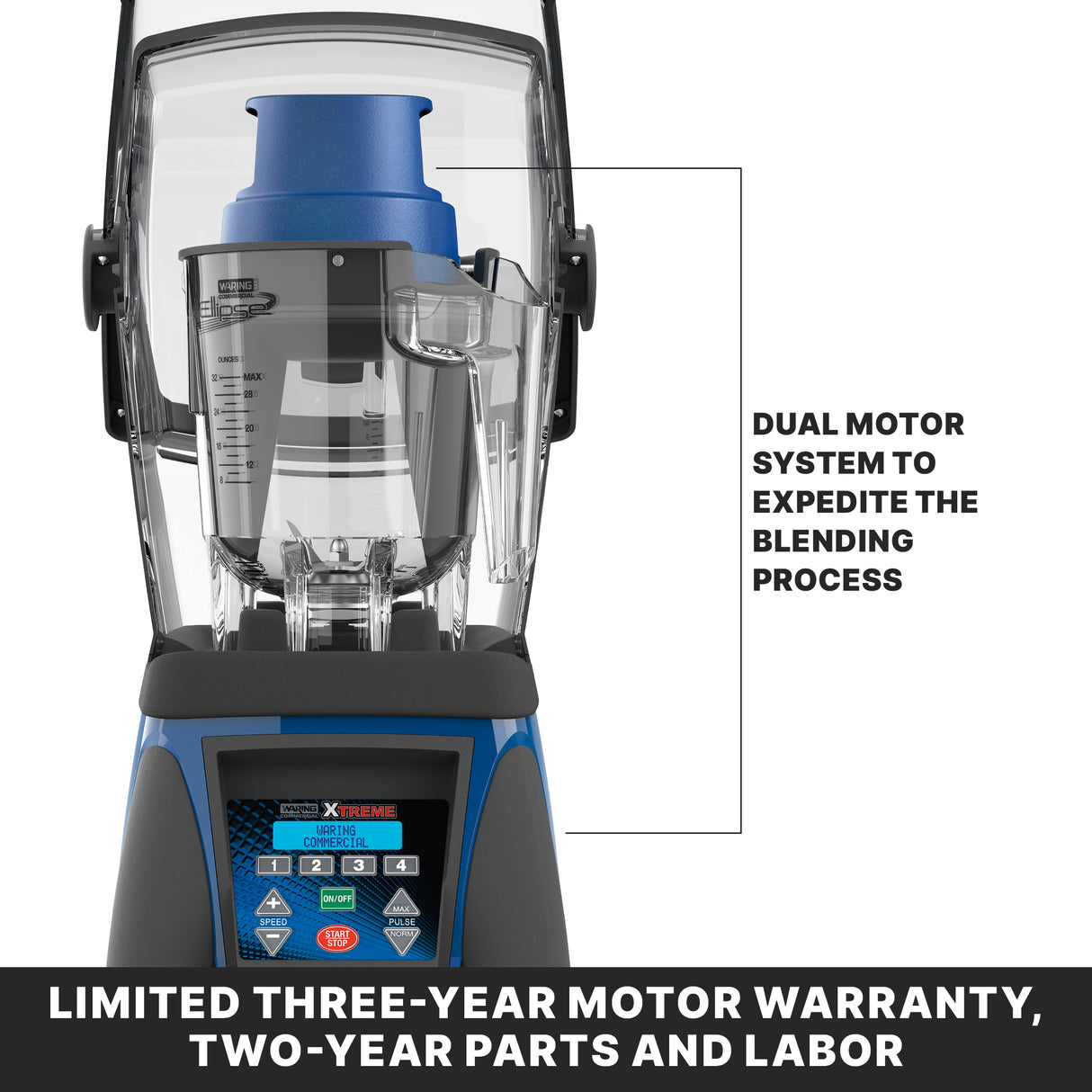 The Xtreme Ellipse Blender features a sound enclosure, blue and black base, and digital control panel. Dual motor system expedites blending. Includes a limited three-year motor warranty and two-year parts and labor.