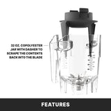 A clear 32 oz. copolyester jar with black lid and built-in dasher, designed for the Xtreme Ellipse Blender. The dasher scrapes contents back to the blade, with measurement markings visible. Text highlights features above a black bar labeled Features.