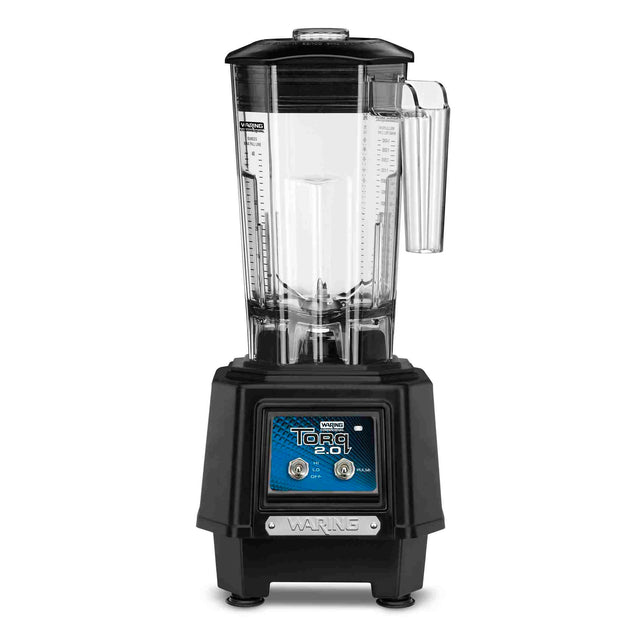 A commercial TORQ 2.0 Series Blender with a clear, tall copolyester container and lid sits on a sturdy black base. The blue digital control panel labeled Toro 2.0 offers easy operation, making it perfect for international use.